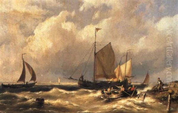 Sailing Vessels On A River Oil Painting by Johannes Hermanus Barend Koekkoek