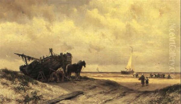 Beach Scene Oil Painting by Johannes Hermanus Barend Koekkoek