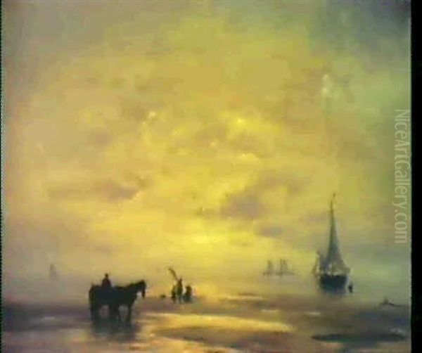 Fischer Am Strand, Sonnenuntergangsstimmung Oil Painting by Johannes Hermanus Barend Koekkoek