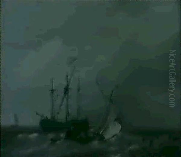 Fishing Vessels In Blustery Weather Oil Painting by Johannes Hermanus Barend Koekkoek