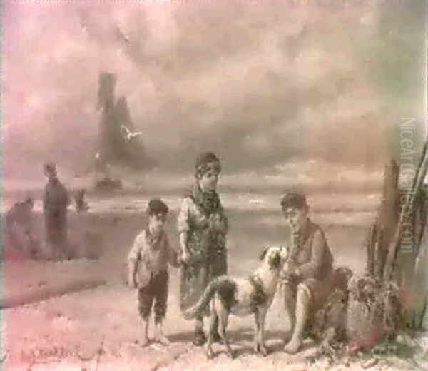 A Beachscene With Children Playing With A Dog Oil Painting by Johannes Hermanus Barend Koekkoek