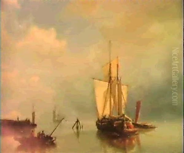 Fishing-vessels Offshore In A Calm Sea Oil Painting by Johannes Hermanus Barend Koekkoek