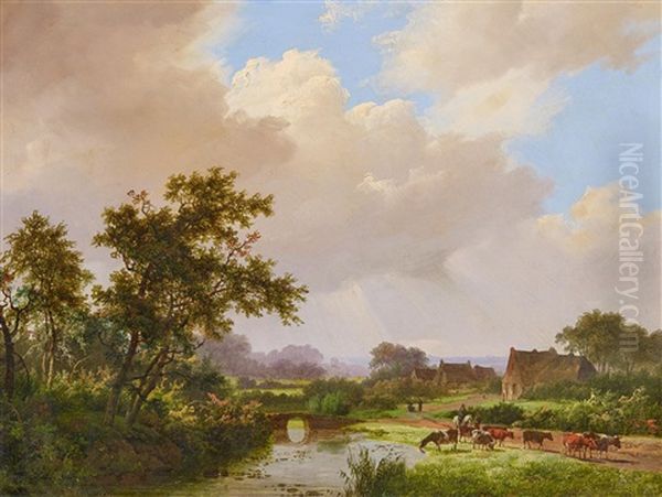 Weite Hollandische Landschaft Mit Kuhen An Der Furt Oil Painting by Marianus Adrianus Koekkoek