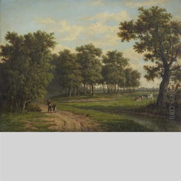 Figures On A Country Road With Cows Grazing Oil Painting by Marianus Adrianus Koekkoek