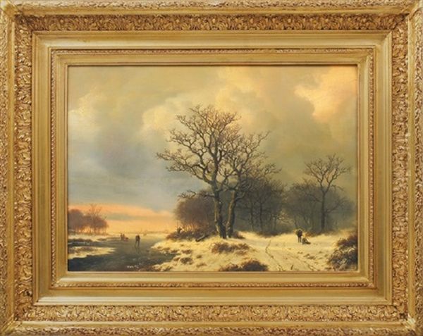 Winter Scene With Figures On Frozen Lake Oil Painting by Marianus Adrianus Koekkoek