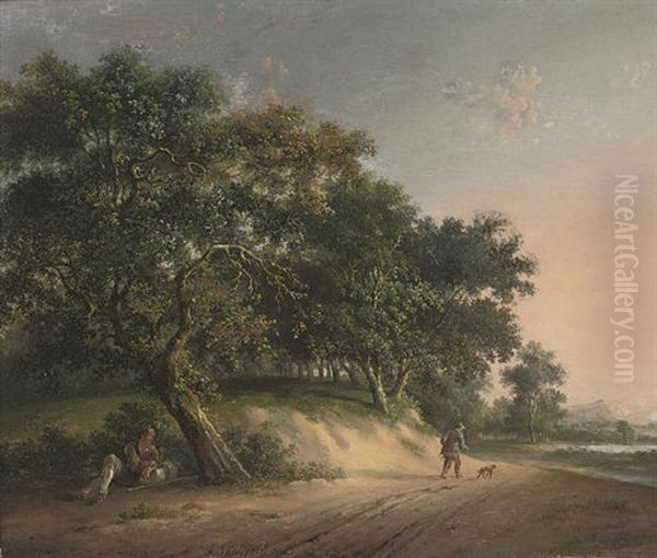 Travellers On A Track At Dusk Oil Painting by Marianus Adrianus Koekkoek