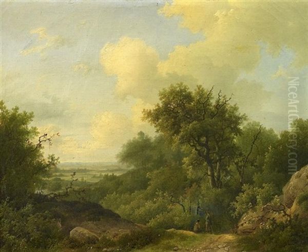 Sommerliche Wald- Und Wiesenlandschaft, Vorn Zwei Rastende Jager Oil Painting by Marianus Adrianus Koekkoek