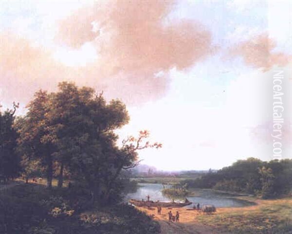 A Summer Landscape With Fishermen By A Boat Oil Painting by Marianus Adrianus Koekkoek