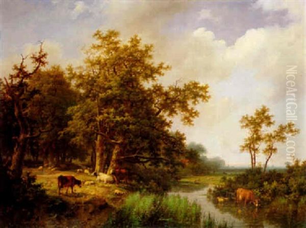 Bewaldete Flusslandschaft Mit Weidendem Vieh Oil Painting by Marianus Adrianus Koekkoek