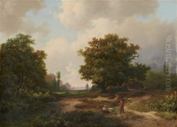 Figures In A Wooded Landscape Oil Painting by Marinus Adrianus Koekkoek