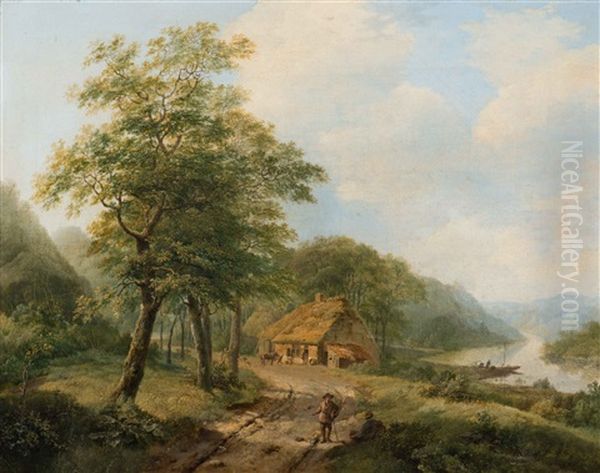 Travelers On A Path In A Wooded River Landscape Oil Painting by Marinus Adrianus Koekkoek