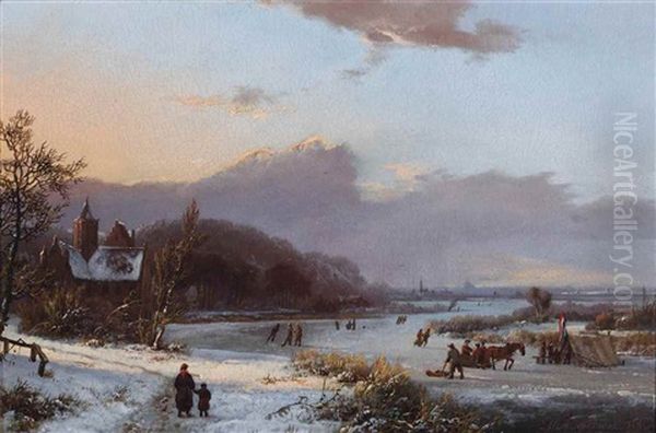 A Winter Landscape With Skaters On The Ice Near A Koek-en-zopie Oil Painting by Marinus Adrianus Koekkoek