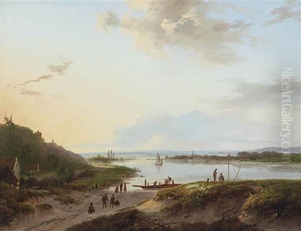 The Arrival Of The Ferry Oil Painting by Marinus Adrianus Koekkoek