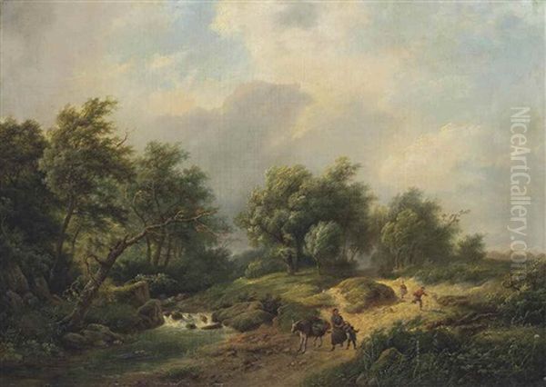 A Family On A Track With A Donkey Oil Painting by Marinus Adrianus Koekkoek