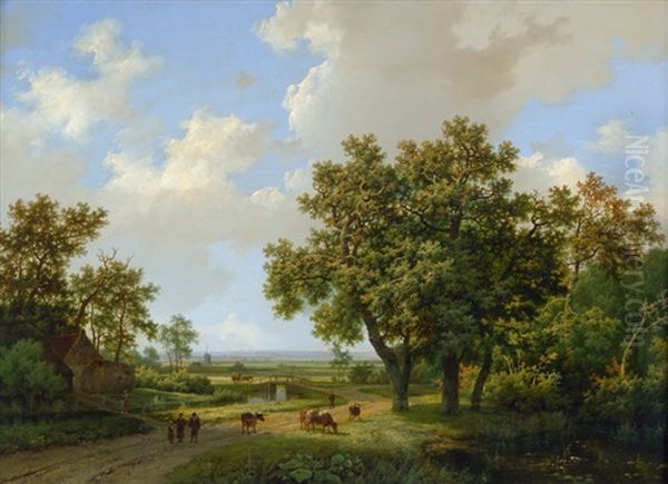 Hollandische Sommerlandschaft  Mit Bauern Und Pferdefuhrwerk Oil Painting by Marinus Adrianus Koekkoek