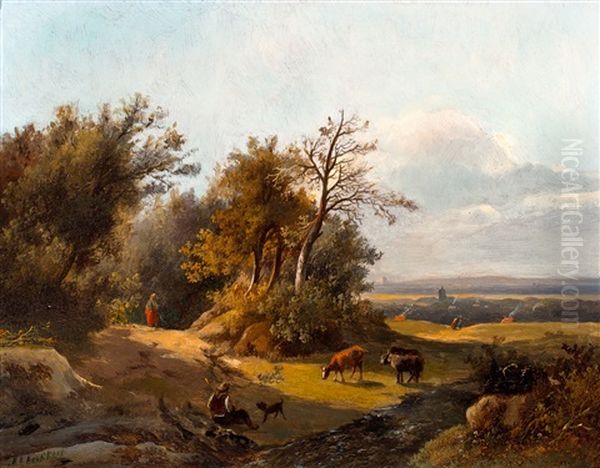 Herder Met Vee In Zonnig Heuvellandschap Oil Painting by Marinus Adrianus Koekkoek