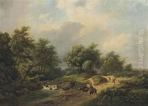 A Family On A Track With A Donkey Oil Painting by Marinus Adrianus Koekkoek