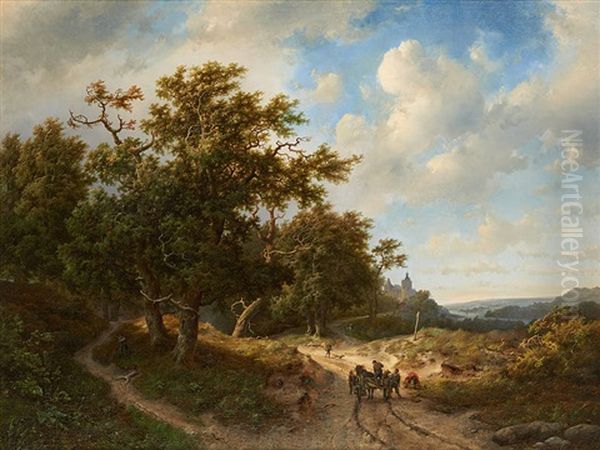 Chariot Attele Sur Fond De Paysage Avec Chateau Oil Painting by Marinus Adrianus Koekkoek