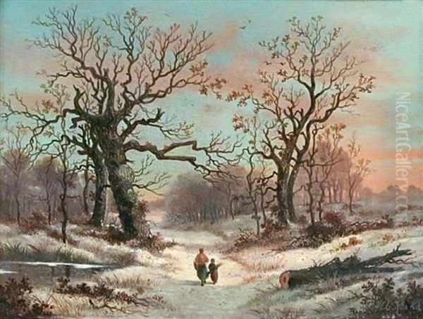 Promenade Hivernale Oil Painting by Marinus Adrianus Koekkoek