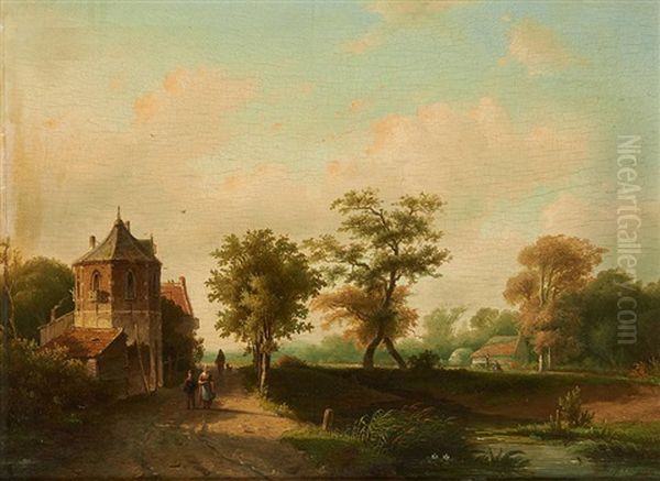 Promenade En Bord De Cour D'eau Oil Painting by Marinus Adrianus Koekkoek