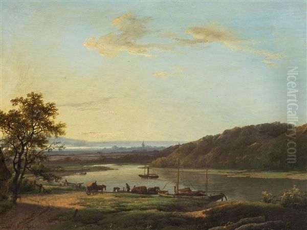 River Landscape Oil Painting by Marinus Adrianus Koekkoek