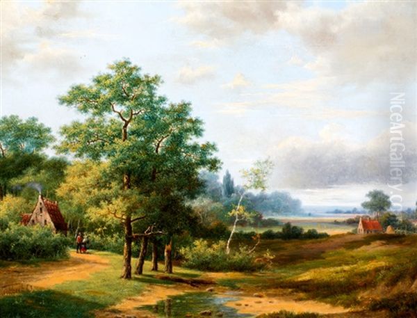 Boomrijk Landschap Met Man En Kind Op De Voorgrond Oil Painting by Marinus Adrianus Koekkoek