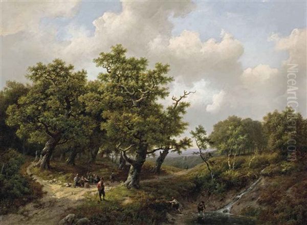 A Wooded Landscape With Figures Resting Near A Stream Oil Painting by Marinus Adrianus Koekkoek