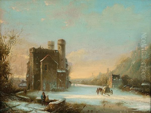 Romantic Winter Landscape Oil Painting by Marinus Adrianus Koekkoek