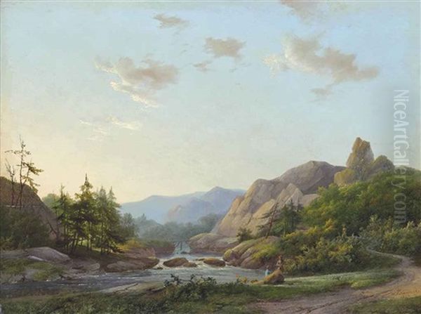 Travellers Resting By A River At Dusk Oil Painting by Marinus Adrianus Koekkoek