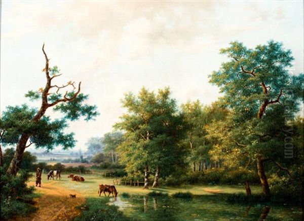 Herder Met Koeien In Boomrijk Landschap Oil Painting by Marinus Adrianus Koekkoek