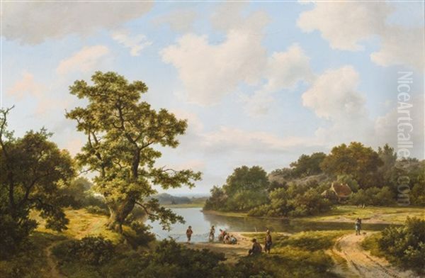 Hauling In The Nets On A Summer Day Oil Painting by Marinus Adrianus Koekkoek