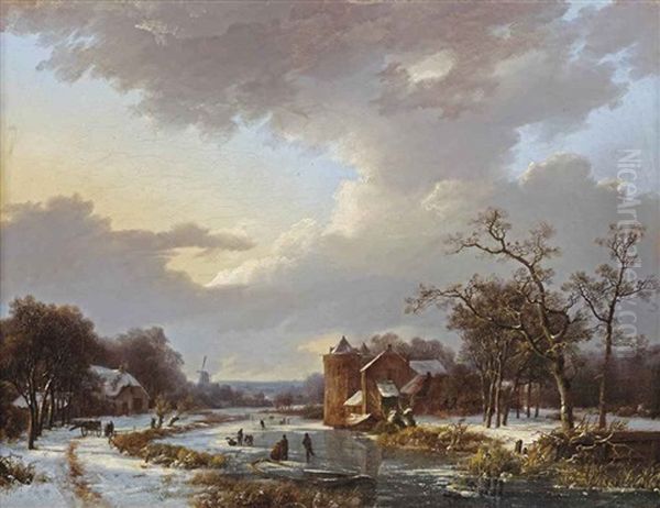 A Winter Scene With Figures On A Frozen Waterway By A Castle Oil Painting by Marinus Adrianus Koekkoek