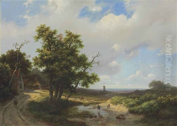 Travelers In An Extensive Summer Landscape Oil Painting by Marinus Adrianus Koekkoek