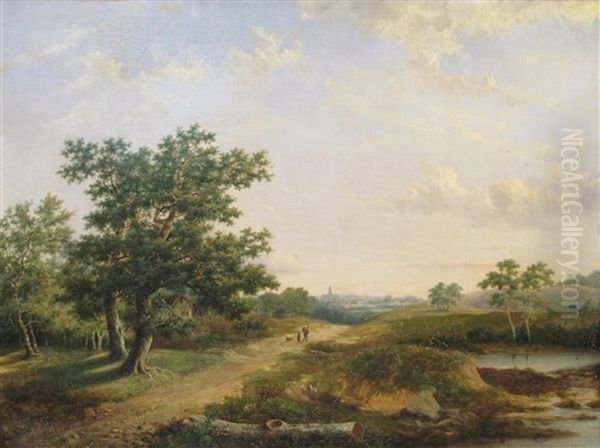 Travellers On A Road In A Rural Landscape Oil Painting by Marinus Adrianus Koekkoek