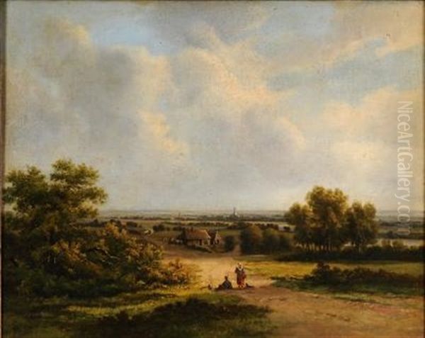 Figures Resting In A Landscape, View To A Farm, Windmill, Village And Spires Beyond Oil Painting by Marinus Adrianus Koekkoek