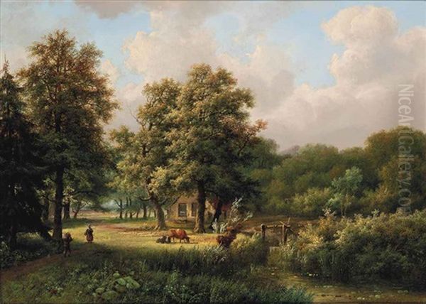 A Visitor At A Lakeside Farmstead Oil Painting by Marinus Adrianus Koekkoek