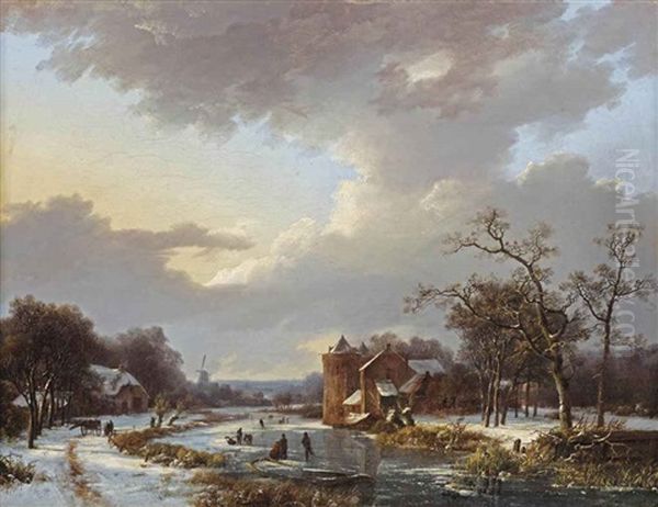 A Dutch Winter Scene With Figures On A Frozen Waterway Oil Painting by Marinus Adrianus Koekkoek