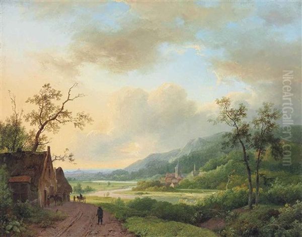 A River Landscape, A Village In The Background by Marinus Adrianus Koekkoek