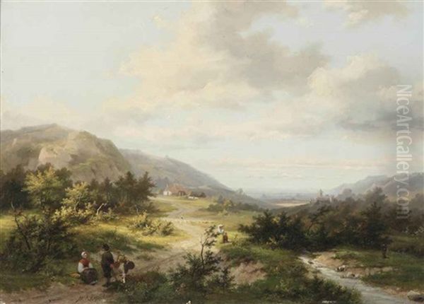 A Hilly Landscape With Travellers And A Shepherd On A Track, A Castle In The Distance Oil Painting by Marinus Adrianus Koekkoek