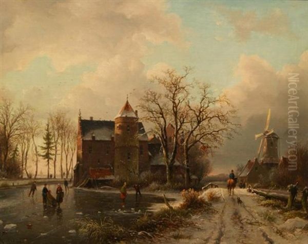 Winter At A Castle Oil Painting by Marinus Adrianus Koekkoek