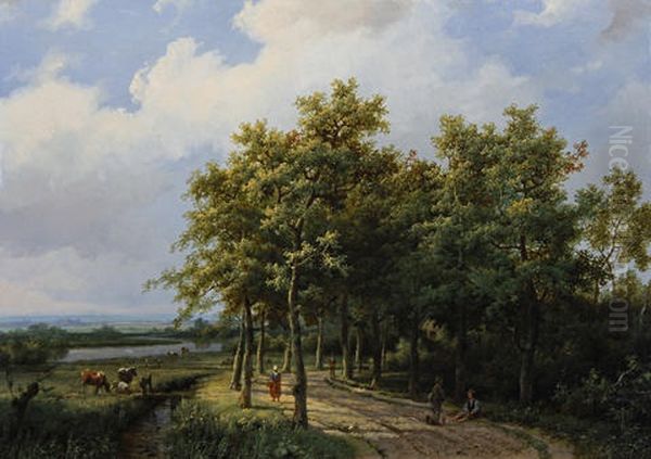 Figures Resting On A Wooded Path Oil Painting by Marinus Adrianus Koekkoek