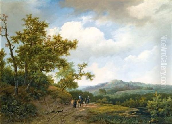 Figures On A Sandy Track In A Hilly Landscape Oil Painting by Marinus Adrianus Koekkoek