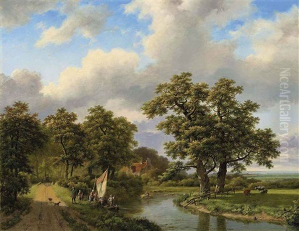 Wooded Landscape With Figures And Cattle By A River Oil Painting by Marinus Adrianus Koekkoek