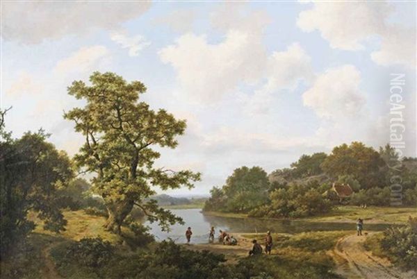 Hauling In The Nets On A Summer Day Oil Painting by Marinus Adrianus Koekkoek