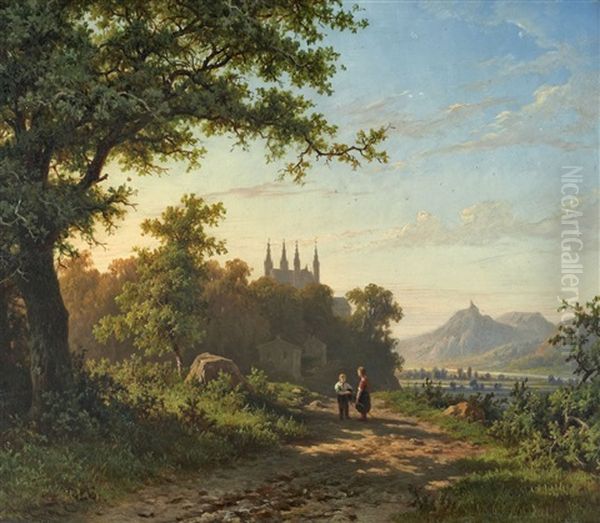 Rheinansicht Mit Blick Auf Die Apollinaris-kirche Bei Remagen Und Den Drachenfels Oil Painting by Marinus Adrianus Koekkoek