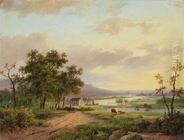 Flusslandschaft Mit Pferdekarren Und Kuhen Oil Painting by Marinus Adrianus Koekkoek