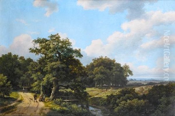 Wooded Landscape With Travellers On A Track In The Foreground Oil Painting by Marinus Adrianus Koekkoek