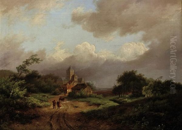 Landscape With Travelers Along A Path Oil Painting by Marinus Adrianus Koekkoek