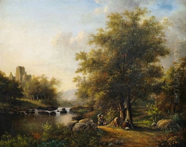 Bewaldete Flusslandschaft Mit Staffagefiguren Und Schlossruine Oil Painting by Marinus Adrianus Koekkoek