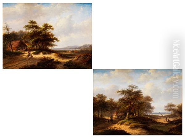 Weite Landschaften Mit Strohgedeckten Hausern Unter Baumgruppen (pair) by Marinus Adrianus Koekkoek